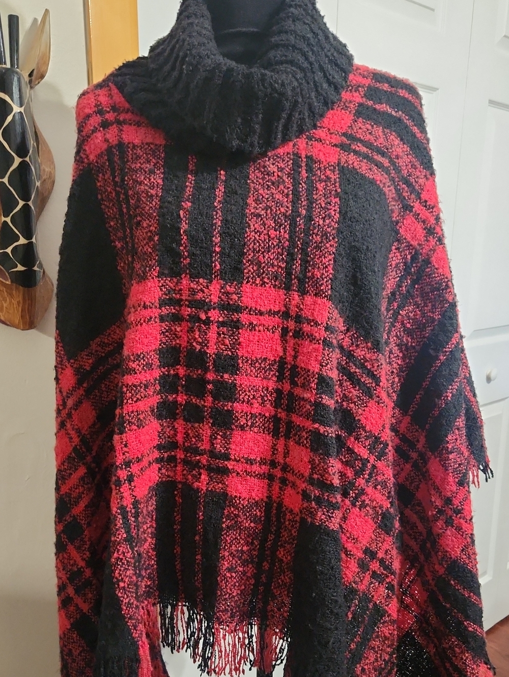 Steve Madden Black and Red Plaid Turtleneck Poncho